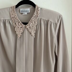 Vintage Tan Embroidered Collar Pleated Front Hidden Button Down Blouse 8P